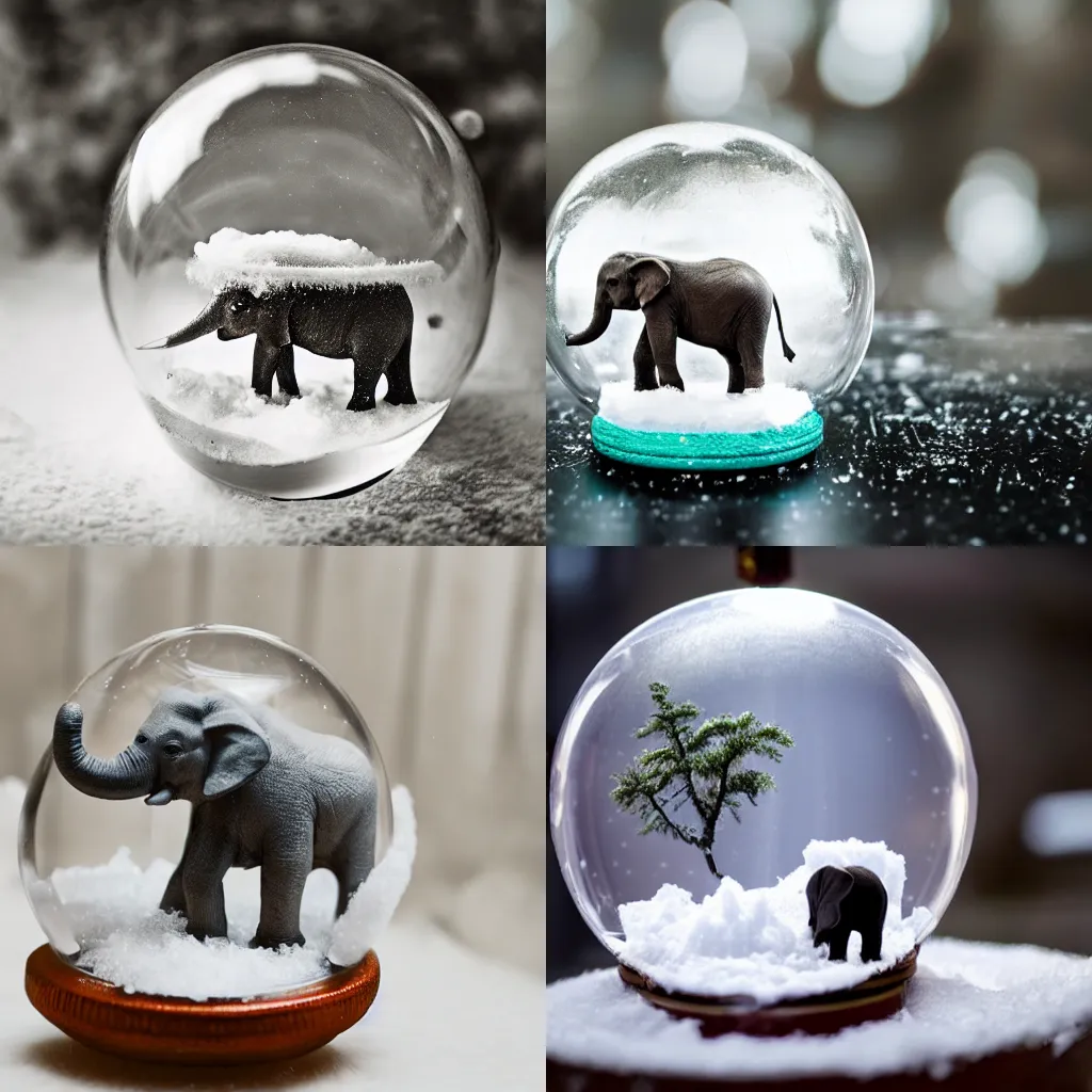 Prompt: a photograph of an elephant inside a snow globe toy, photograph