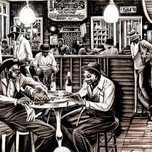 Image similar to louisiana bayou juke joint interior by ernie barnes