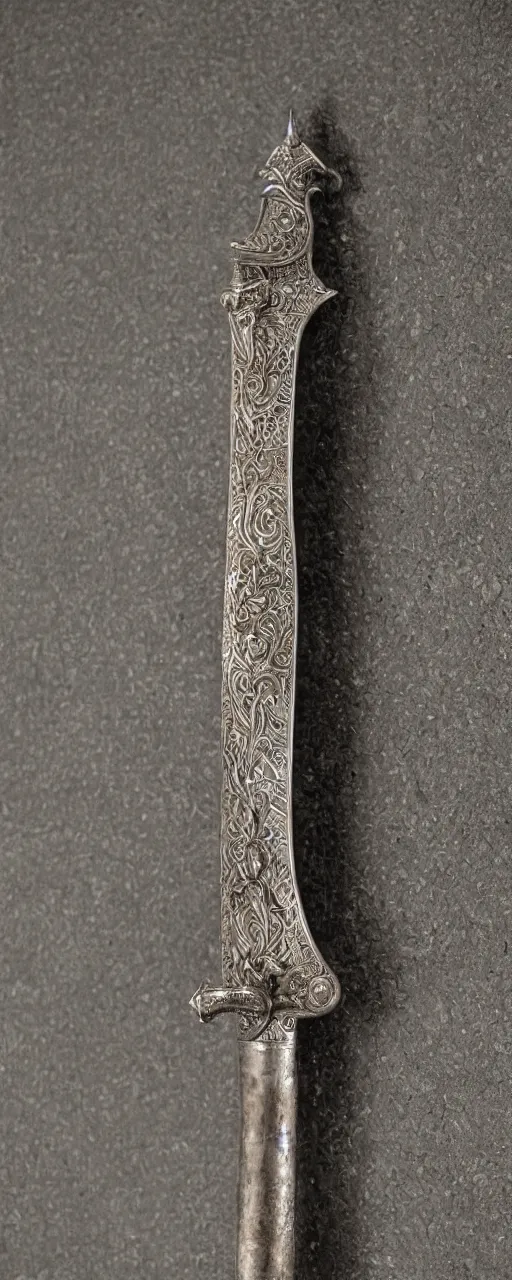 Prompt: sword of justice hanging on a wall, ornate gem in pommel, engraved blade, serrated point, herringbone floor, low angle, museum display, steve argyle