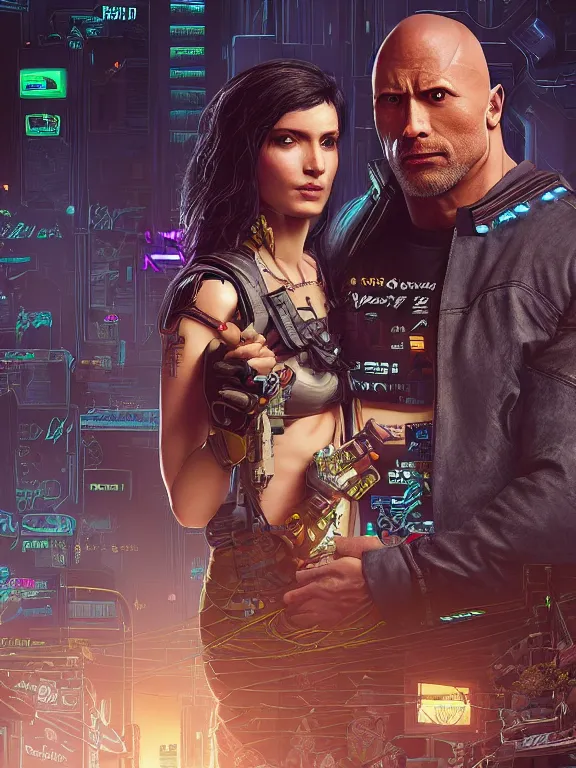 Image similar to a cyberpunk 2077 wedding portrait of Dwayne Johnson and a female android,complex mess of cables and wires behind them connected to giant computer, love,film lighting, by laurie greasley,Lawrence Alma-Tadema,William Morris,Dan Mumford, trending on atrstation, full of color, highly detailed,8K, octane,golden ratio,cinematic lighting