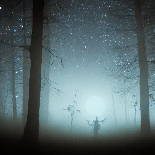 Image similar to photo of a ghost at forest at night, with moonlight, stars and fog