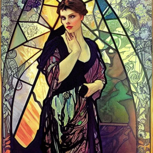 Image similar to charlize theron by alfons mucha.