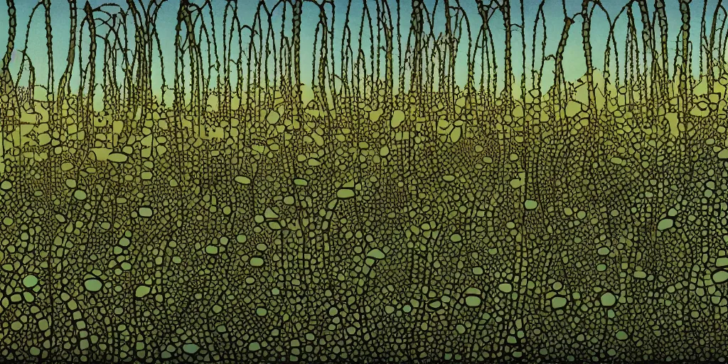 Prompt: Artwork of the Cinematic view of a diatoms forest by Hergé, Trending on artstation