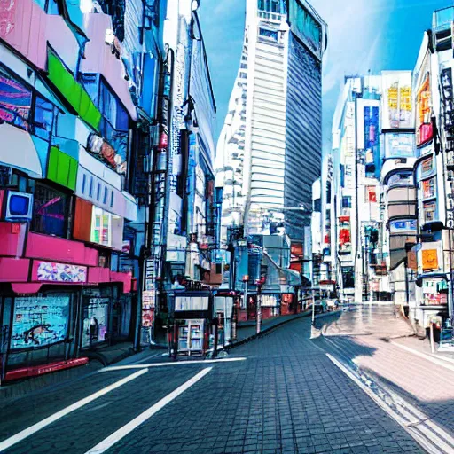 Image similar to beautiful anime cityscape in Tokyo, Japan, daylight, blue sky