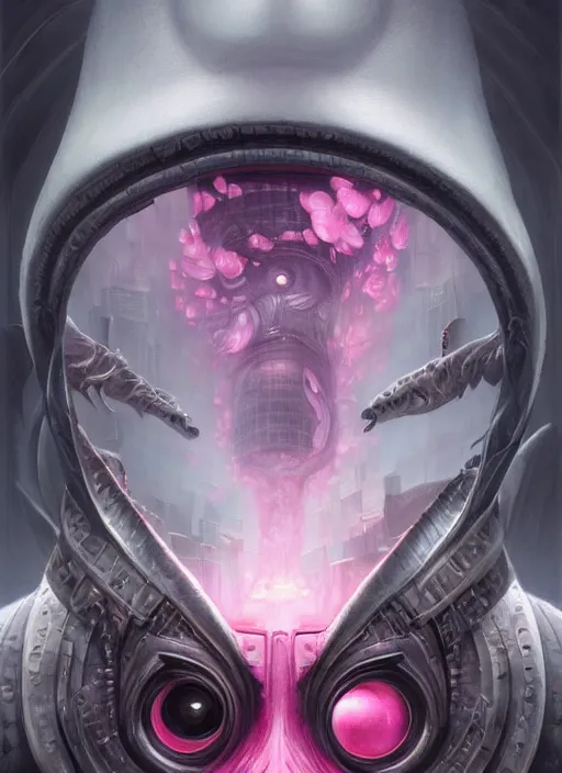 Image similar to cyber penguin downtown cn tower mf doom reptile eyes, pink skin. intricate, elegant, highly detailed, centered, digital painting, artstation, concept art, smooth, sharp focus, illustration, artgerm, tomasz alen kopera, peter mohrbacher, donato giancola, joseph christian leyendecker, wlop, frank frazetta