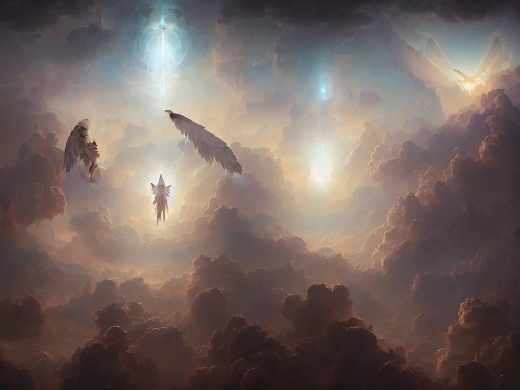 Prompt: ultra detailed matte painting of a celestial army of angels within the cosmic clouds by greg rutkowski and peter mohrbacher, volumetric lighting, depth of field.