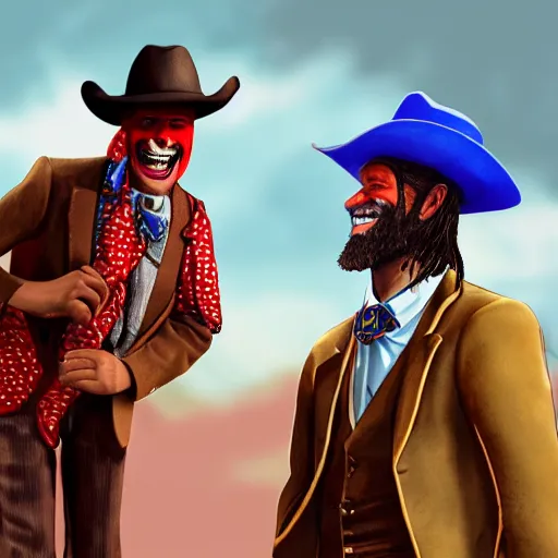 Image similar to king von laugh with fbg dug ( circa 1 9 0 1 ) in cowboy suit, theyre used red and blue bandana, photorealistic, based on real event