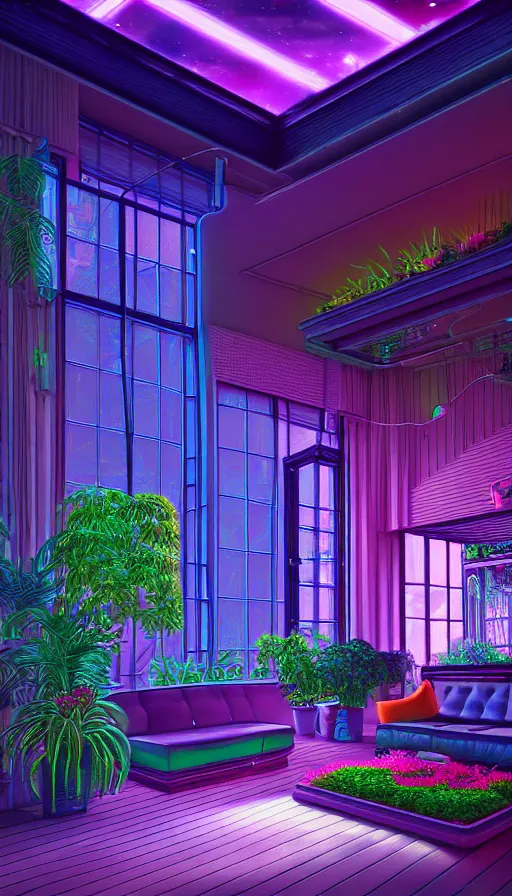 Image similar to a beautiful very detailed render of city sunroom by georgia o'keeffe, galactic alien synthwave rainforest neon noir thermal imaging myst uv light dramatic lighting flowers, archdaily, wallpaper, highly detailed, trending on artstation.