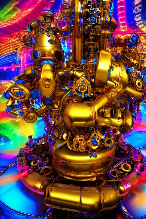 Image similar to portrait photo of a giant huge golden and blue metal futuristic steampunk robot covered with multicolored big guitars and gears and tubes, eyes are glowing red lightbulbs, shiny crisp finish, 3 d render, 8 k, insaneley detailed, fluorescent colors, background is multicolored lasershow