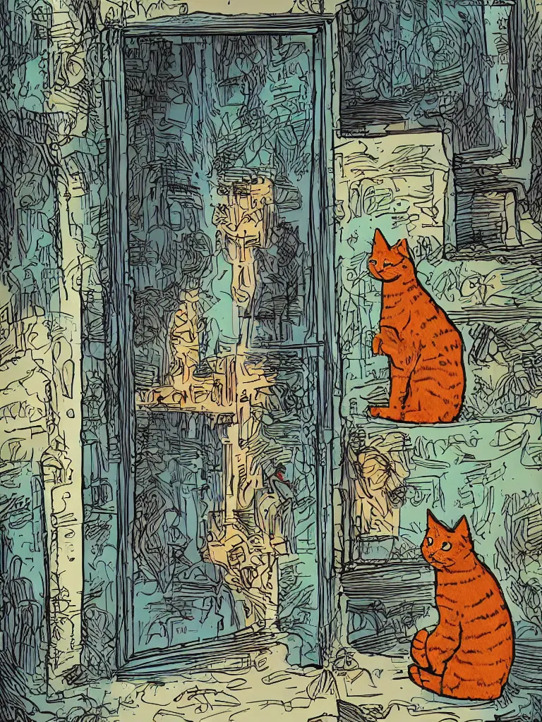 Prompt: fantastic illustration of a door into summer on the crowded city street, a ginger cat sits near the door, illustration of robert heinlein novel door into summer