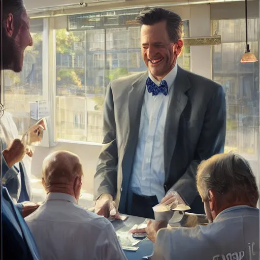 Image similar to epic cinematic hyperrealism masterpiece where happy businessmen appear. realistic poster with shaded lighting by craig mallismo, artgerm, jeremy lipkin and michael garmash, unreal engine, radiant light, detailed and complex environment, digital art, art station trends