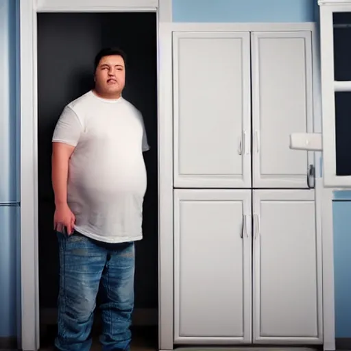 Image similar to obese landlord standing in front of open refrigerator illuminated by bright white light, a resigned tenant is standing behind reading a lease agreement, dark apartment painted in beige white paint, cctv, cinematic