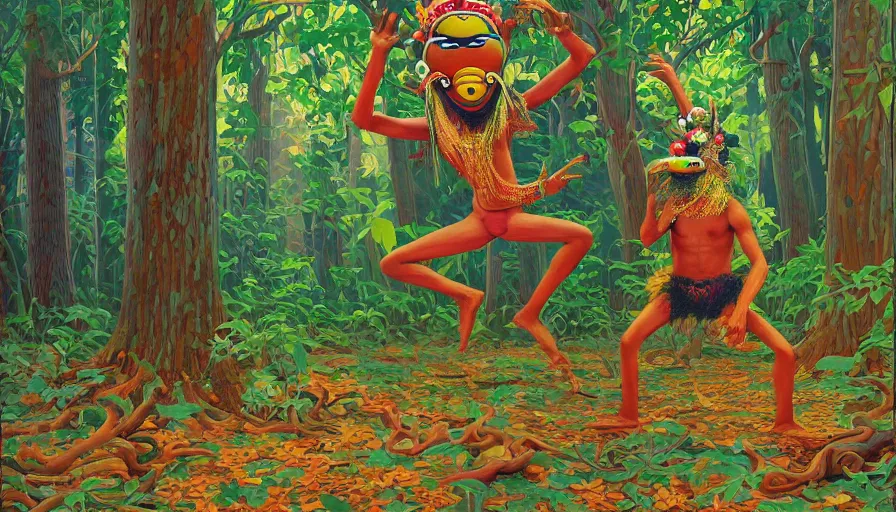 Image similar to oak tree forest, a muppet sasquatch wearing a sri lankan mask dances alone, by james jean by ilya kuvshinov kintsugi, hyper detailed surrealist painting