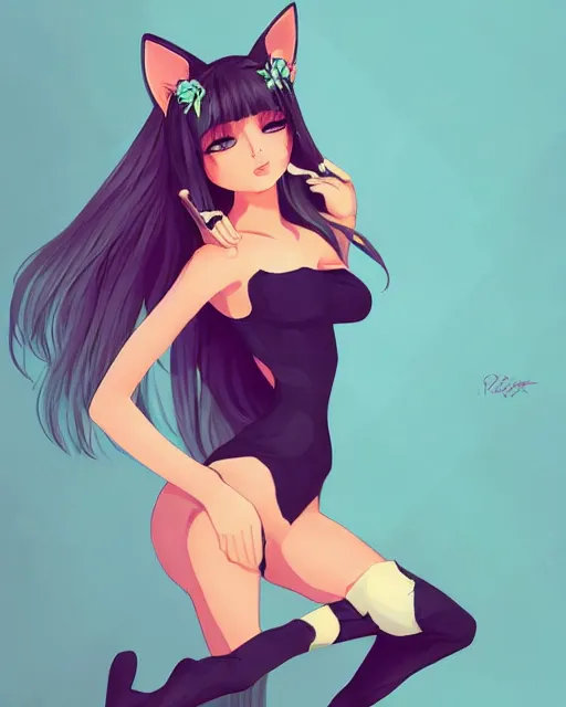 Image similar to catgirl goddess girl with cat ears. Full body portrait, smooth skin, symmetrical face, beautiful body, in the style of Rossdraws, modeling, realistic details