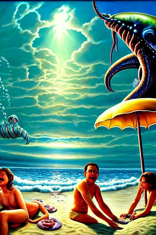 Prompt: a hyperrealistic painting of a sea creature monster washing up on the beach while people are laying on towels with umbrellas, cinematic horror by chris cunningham, lisa frank, richard corben, highly detailed, vivid color,