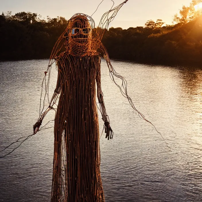 Image similar to a woman with a mask made of wires and bark standing next to a river, golden hour, vogue magazine