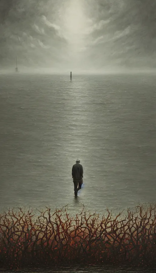 Prompt: man on boat crossing a body of water in hell with creatures in the water, sea of souls, by lee madgwick