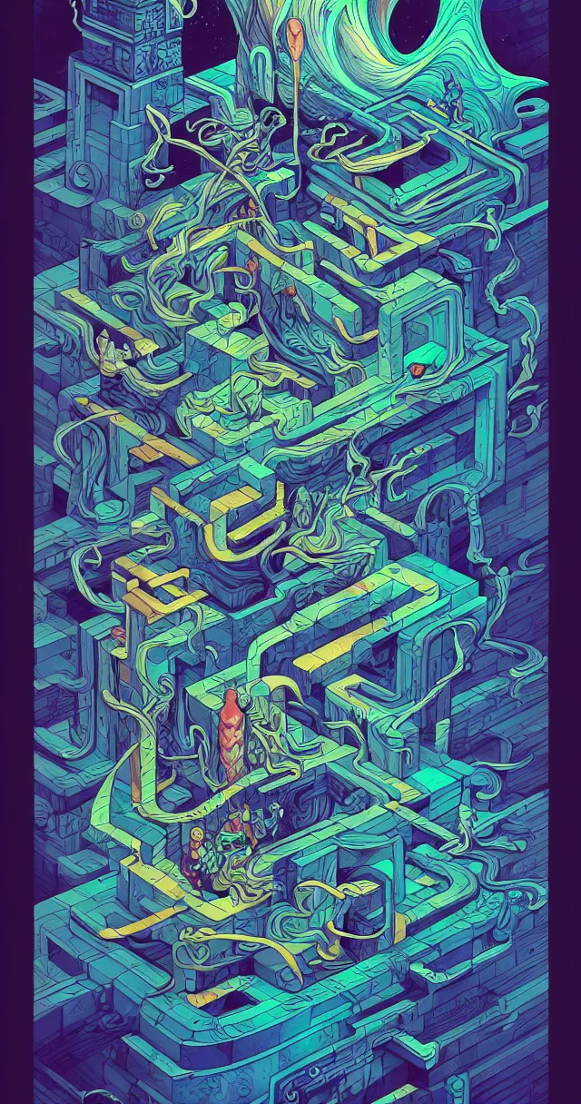 Image similar to arcane twisted turn of fate abstraction, centered award winning ink pen illustration, isometric abstract illustration by dan mumford, edited by craola, technical drawing by beeple and tooth wu, tiny details by artgerm and watercolor girl, symmetrically isometrically centered