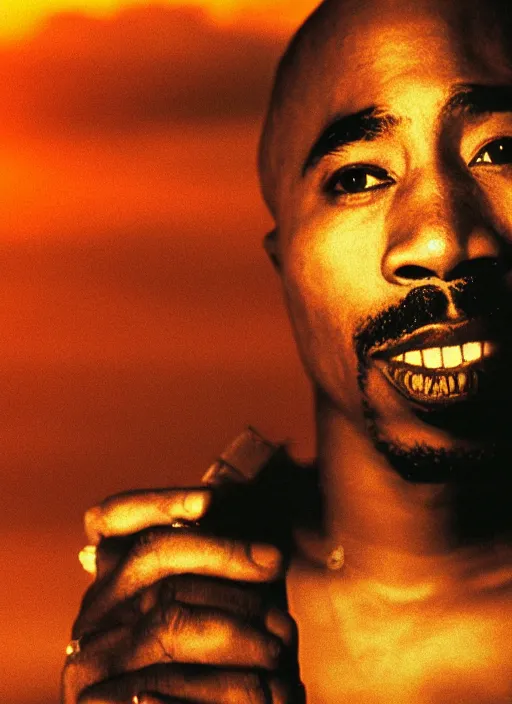 Image similar to 2Pac Happily smoking, Los Angeles background, sunset, beautiful photograph, portrait