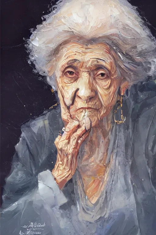 Image similar to palette knife oil painting portrait of ariadne, a mysterious spiritual guide who is a chain smoking old lady in an ashen trench coat. ghost. extreme detail, any racial background, artstation trending, artgerm, deviant art, octane, substance, art history 8 k