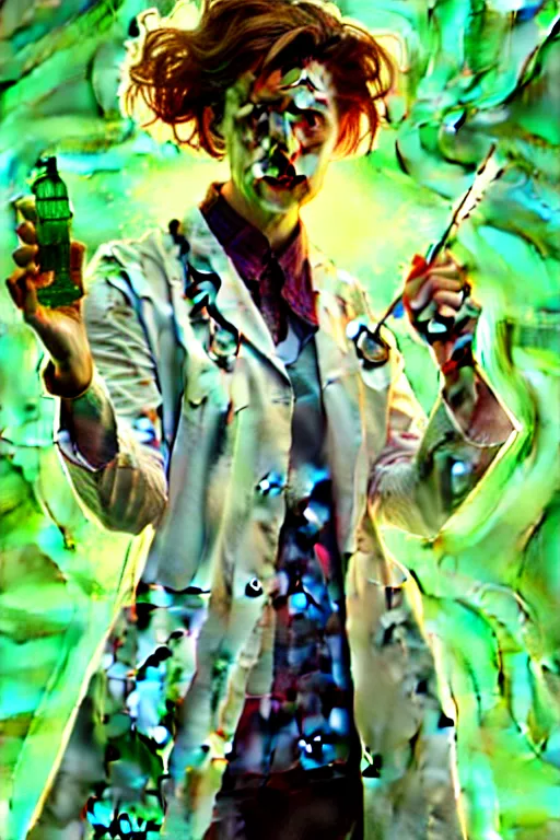 Image similar to doctor who, woman, as a mad dentist, on a plain green background, art by artgerm and greg rutkowski and alphonse mucha