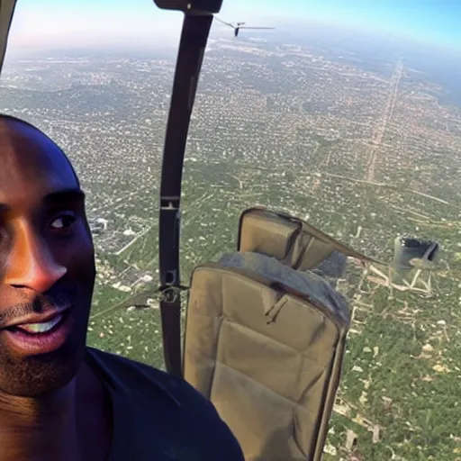 Image similar to selfie of kobe bryant holding a giant rolled marijuana cigarette in a helicopter, smoke around him, 8k resolution, hyper detailed, shot in the air