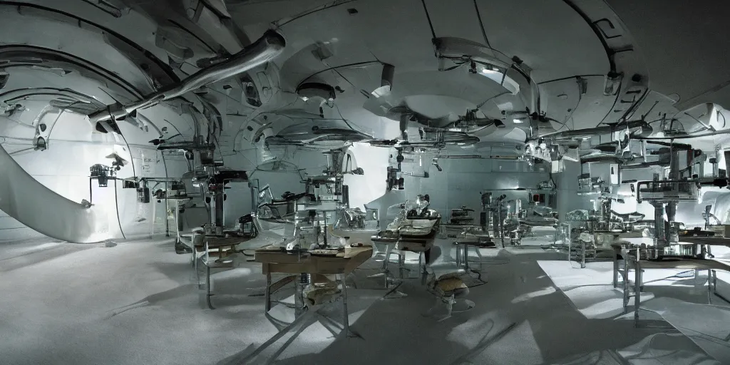 Prompt: cinematic film still of a dark science fiction movie, research lab in a mountain area, secretive facility, strange architecture, by ridley scott,