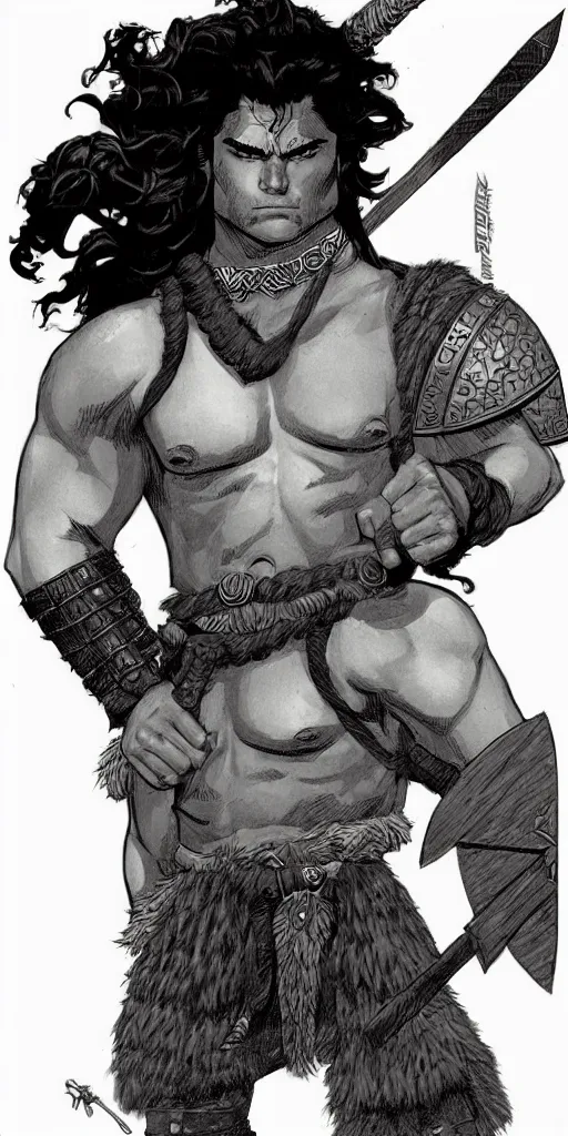 Prompt: a large young barbarian male warrior, d & d, fantasy, portrait, in travis charest style