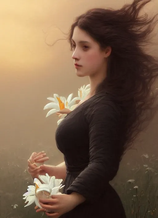 Image similar to oil painting close up portrait of a young woman with long dark flowing hair in a black dress, surrounded by white lilies!! at sunset, hazy, digital art, chiaroscuro, artstation, cinematic, golden hour, digital art painting by greg rutkowski, william - adolphe bouguereau, hazy atmosphere, cinematic lighting