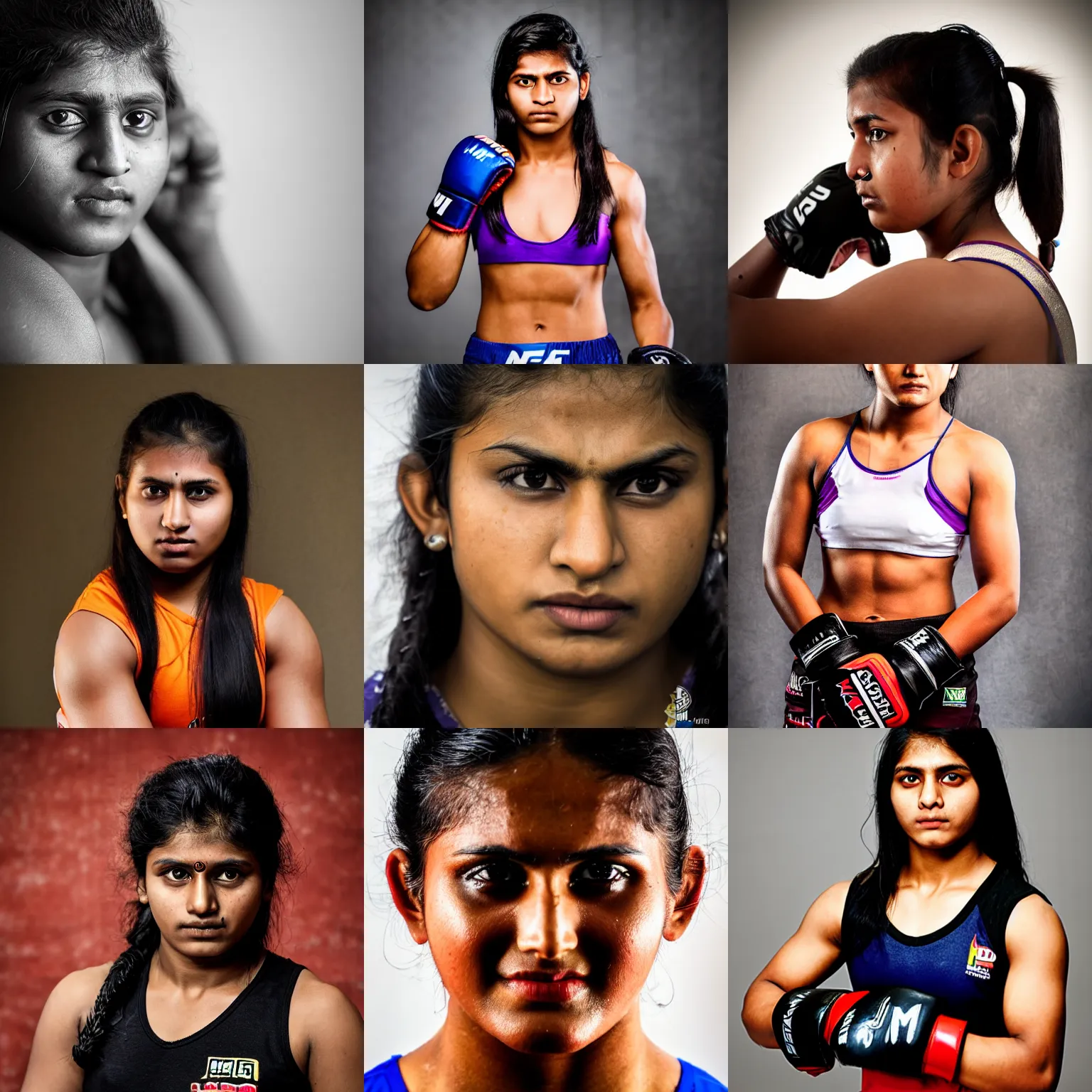 Prompt: A strong young Indian woman MMA fighter, portrait photo