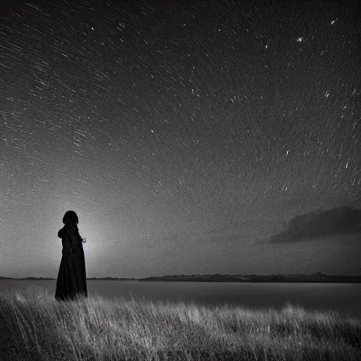 Image similar to A beautiful conceptual art of a woman with long flowing hair, wild animals, and a dark, starry night sky. by Rui Palha cosy