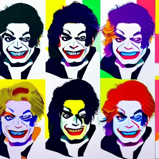 Image similar to michael jackson as the joker laugh on camera. symmetrical anatomy, hyperdetailed, coloured comic, baroque, pop art style, fantasy, without duplication, art by roy lichtenstein and andy warhol and vinicius gud and gustavo zambelli, intricate, trending artstation, dribble popular.