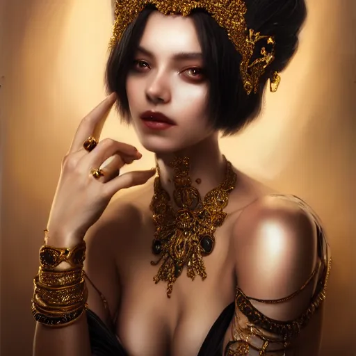 Prompt: expressive oil painting, of alluring european princess, seductive look, smooth glowing skin, glistening body, love, adoration, flushed, ornate headpiece of black beads, ring, glamour shot, tattoos, by yoshitaka amano, by greg rutkowski, by jeremyg lipkinng, by artgerm, digital art, octane render