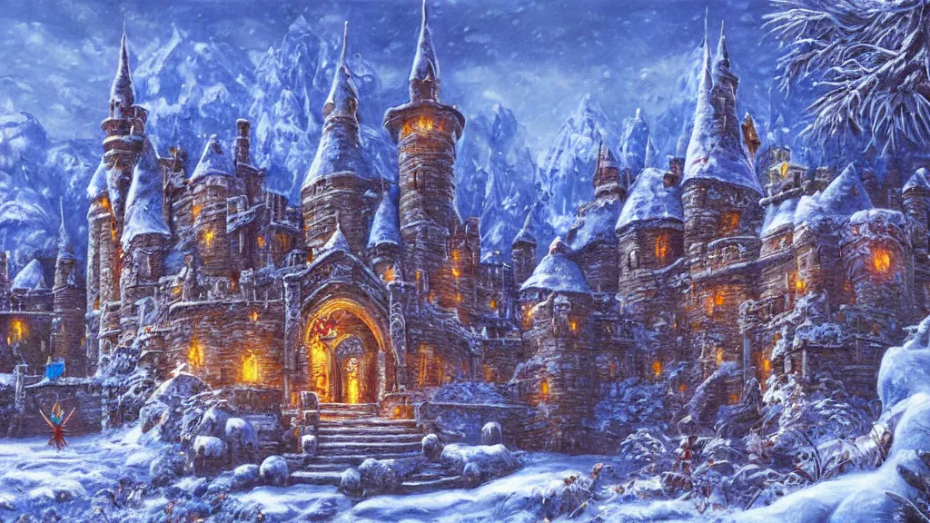 Image similar to a highly detailed, realistic oil painting of Hyrule Castle from Zelda Ocarina of Time in Winter, snow, intricate, 8k highly professionally detailed, HDR