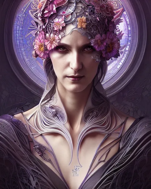 Prompt: Beautiful ethereal cyberpunk woman in her fifties, art nouveau, fantasy, intricate flower designs, elegant, highly detailed, sharp focus, art by Artgerm and Greg Rutkowski and WLOP