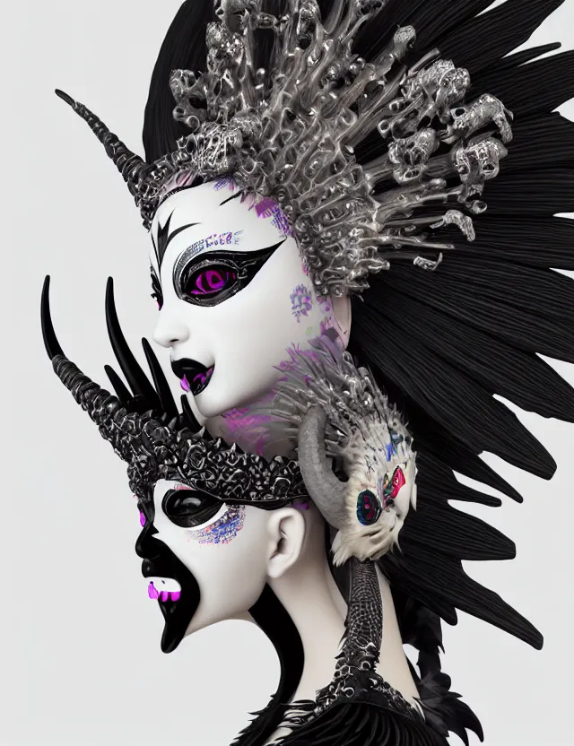 Image similar to 3 d goddess close - up profile simple portrait punk with mohawk with goat skull. beautiful intricately detailed japanese crow kitsune mask and clasical japanese kimono. betta fish, jellyfish phoenix, bio luminescent, plasma, ice, water, wind, creature, artwork by tooth wu and wlop and beeple and greg rutkowski