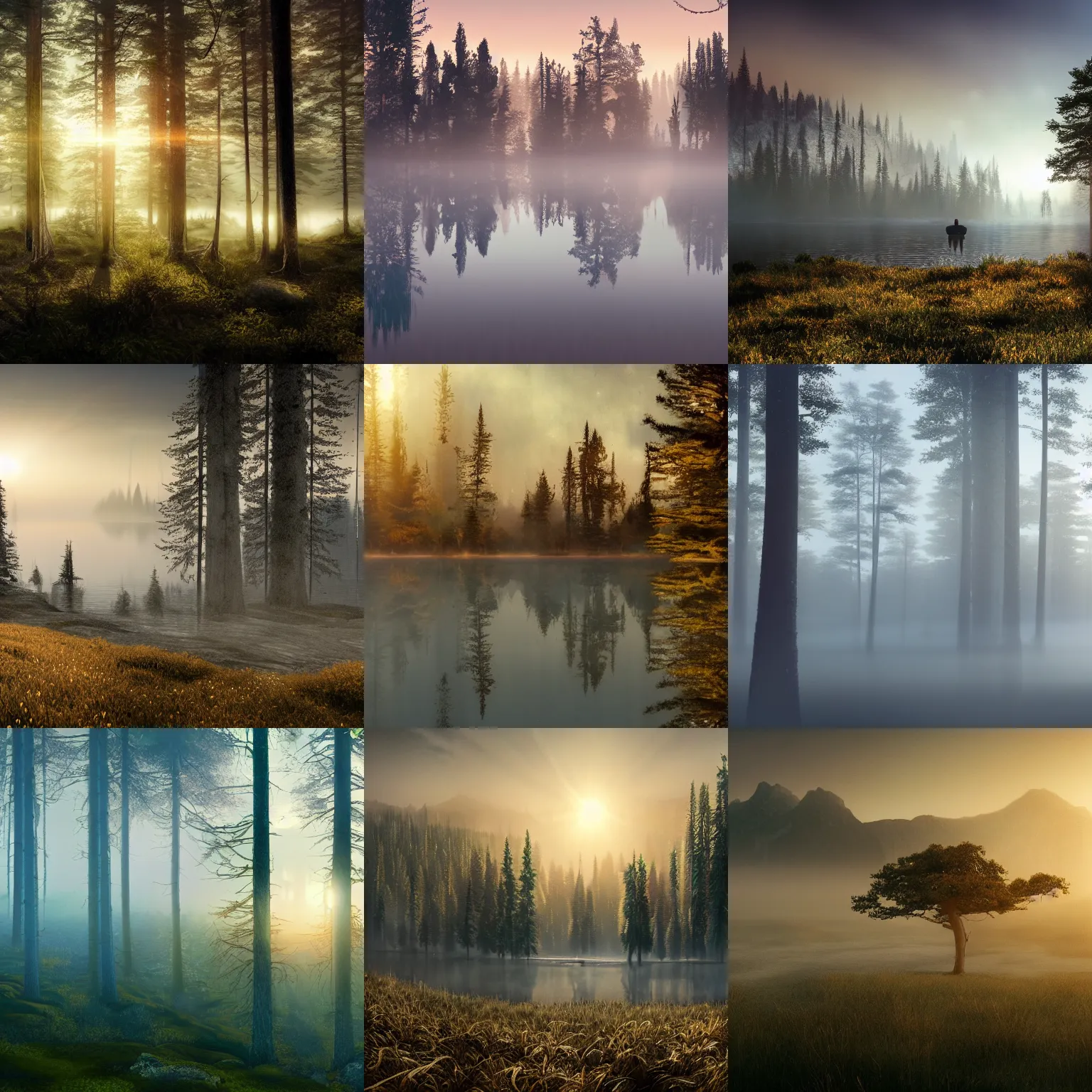 Prompt: epic crystalline forest with a lake, golden hour, misty ground, rocky ground, distant mountains, hazy, foggy, atmospheric perspective, altostratus clouds, planets, cinematic, 1000mm lens, anamorphic lens flare, photographic, octane render, cinematography by roger deakins, in the style of ansel adams, low details,