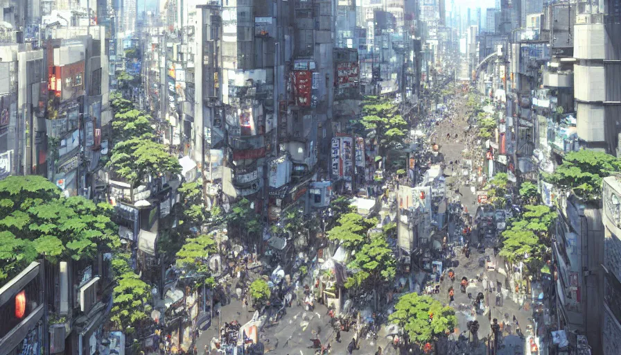 Image similar to shibuya tokyo on a beautiful day, trending on pixiv fanbox, painted by greg rutkowski makoto shinkai takashi takeuchi studio ghibli