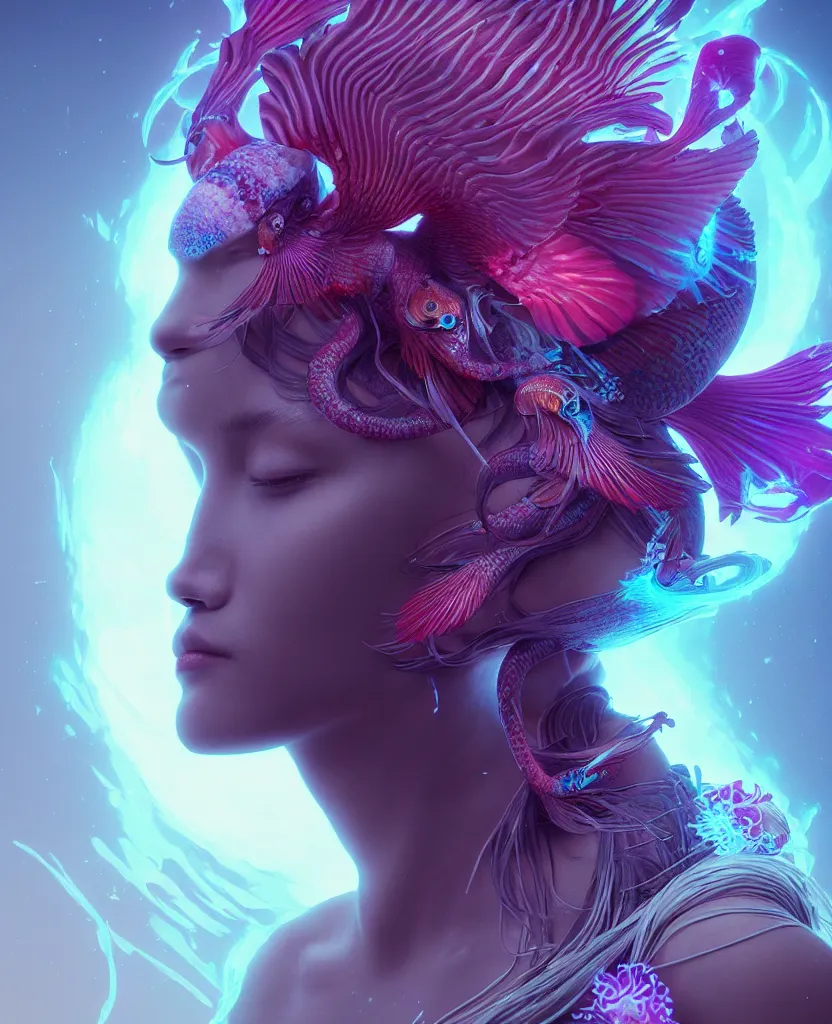 Image similar to goddess close-up portrait. orchid bird phoenix head, nautilus, skull, betta fish, bioluminiscent creatures, intricate artwork by Tooth Wu and wlop and beeple. octane render, trending on artstation, greg rutkowski very coherent symmetrical artwork. cinematic, hyper realism, high detail, octane render, 8k