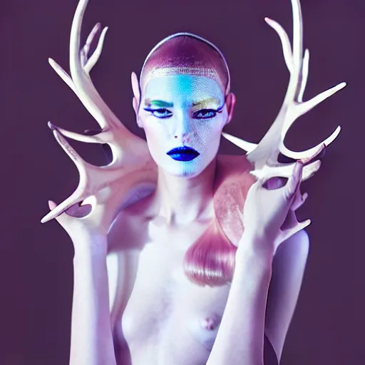 Prompt: high fashion photography of a model in neo futurism white sci - fi makup wearing antlers, transparent cloth, beautifully lit