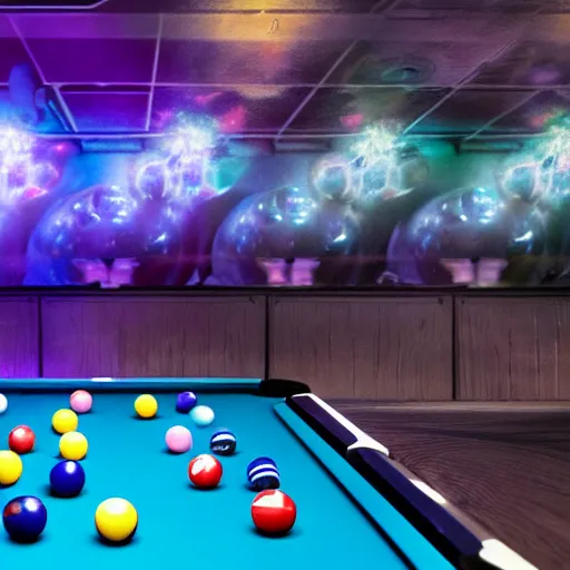 Prompt: planets of the galaxy as pool balls with pool balls containing galaxies and stars on a pool table with aliens holding pool sticks and drinking alien drinks movie still, cinematic, photorealistic, extreme detail, sharp focus, 8 k, intricate, hyper detailed, realistic, cinematic lighting