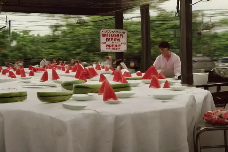 Image similar to 2 0 1 2 watermelon new jersey diner, tables repeat endlessly into the horizon, fruitcore, one point perspective, scene from a kiyoshi kurosawa movie