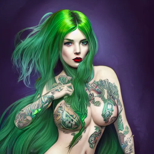 Image similar to green hair tattooed pinup hannah murray, rogue bard, feathers, baldurs gate, diablo, dnd, deep focus, turnaround, fantasy, intricate, elegant, highly detailed, digital painting, artstation, concept art, matte, sharp focus, illustration, hearthstone, art by artgerm and greg rutkowski and alphonse mucha.