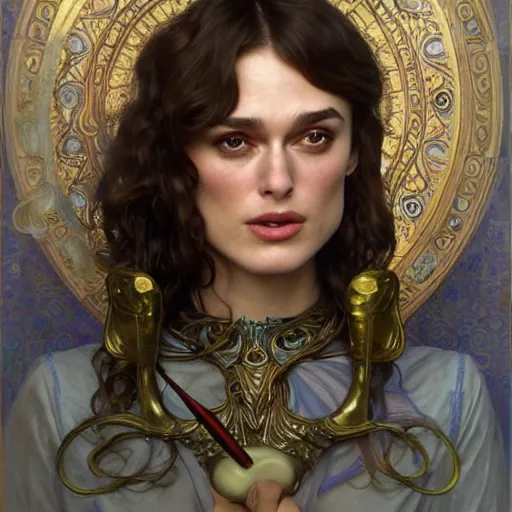Image similar to Young Keira Knightley with sword and potions drawn by Donato Giancola and Tom Bagshaw, face by Artgerm, overall design by Alphonse Mucha, background by James Jean and Gustav Klimt, light by Julie Bell, 4k, porcelain skin, komorebi, french nouveau, trending on artstation, octane render, hyperrealistic