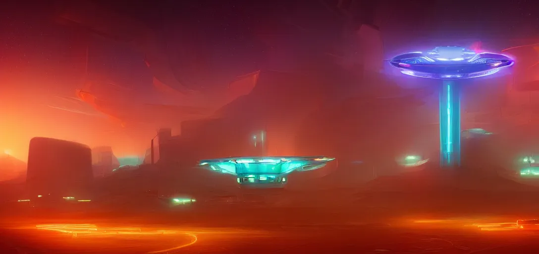 Image similar to view from the desert ground fire night stars of futuristic mechanical blade runner cyberpunk mothership, colored fog, neon, light rays, symmetry, cinematic lighting, ultra detailed, sharp, ambient occlusion, bloom, raytracing, by greg rutowski, paul chadeisson and jessica rossier