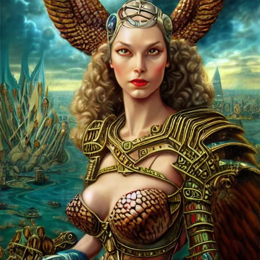 Image similar to Mystical Valkyrie, Portrait of a beautiful female Atlantean Reptilian Warrior, Realistic, Regal, Refined, Detailed Digital Art, Michael Cheval, Walt Disney (1937), François Boucher, Oil Painting, Steampunk, Highly Detailed, Cinematic Lighting, Unreal Engine, 8k, HD