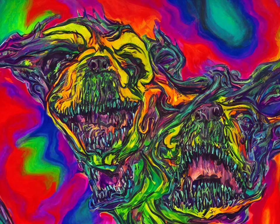 Prompt: A demonic dog with three eyes, roaring with an open mouth by Georgia O’Keeffe and Giger and Lisa Frank, vivid colors, trending on artstation, ornate, highly detailed, 8k, cinematic, rack focus