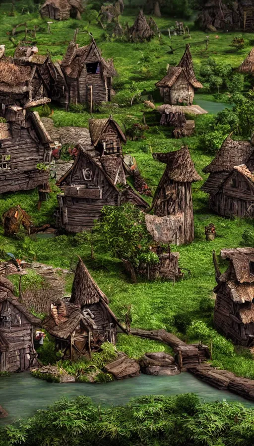 Prompt: a goblin village near a river, photorealistic, 8k, high detail, high quality, dramatic lighting, HDR