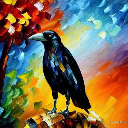 Prompt: oil painting of a crow by leonid afremov