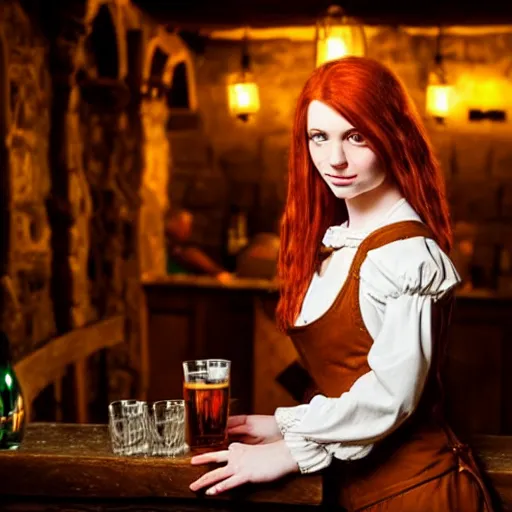 Prompt: beautiful bar maid with auburn hair and green eyes, in a medieval tavern at night, cinematic, filmic